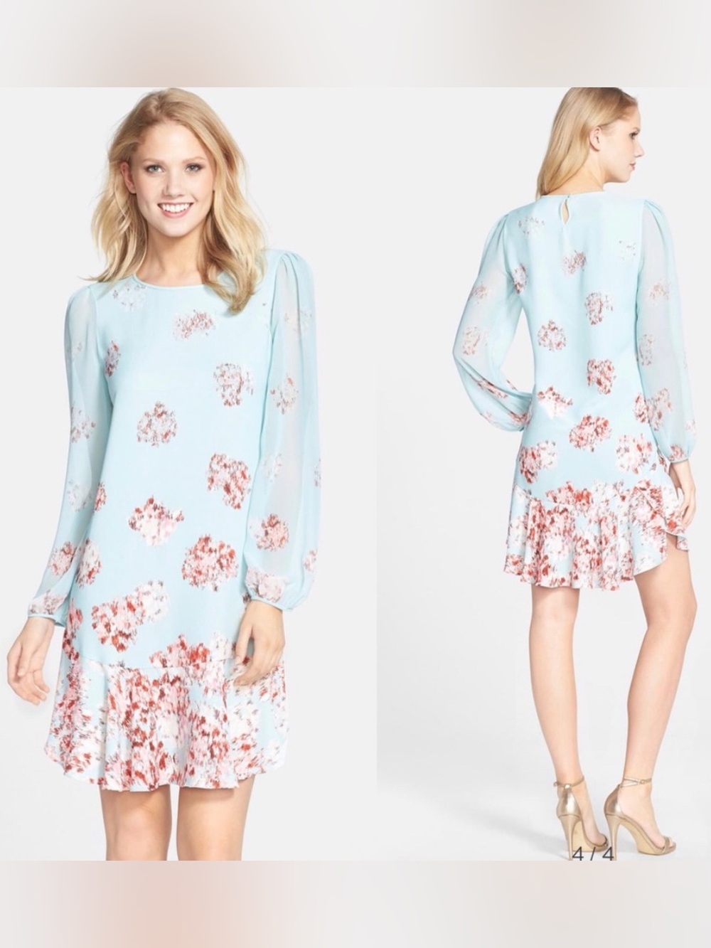 BCBGMAXAZRIA Bailee Aqua Mist Floral Flounce Shift Dress NWT S $248